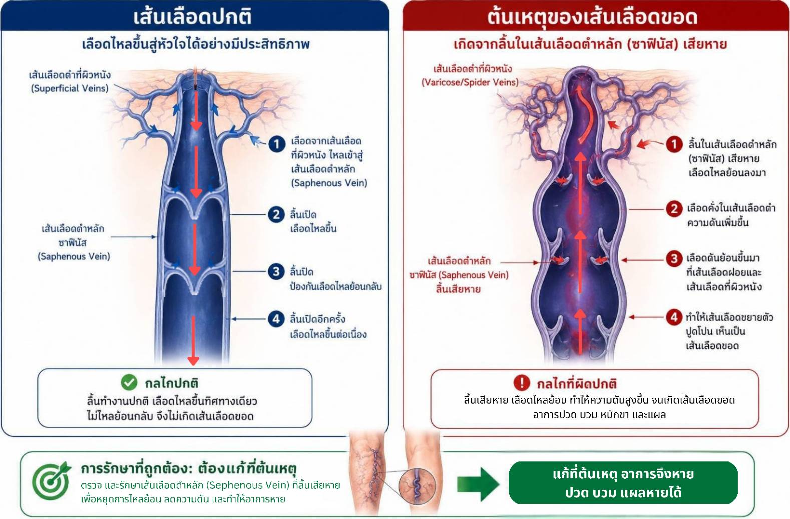เส้นเลือดขอดเกิดจากอะไร? ทำไมรักษาเฉพาะเส้นเลือดที่ผิวหนังอาจไม่หายขาด